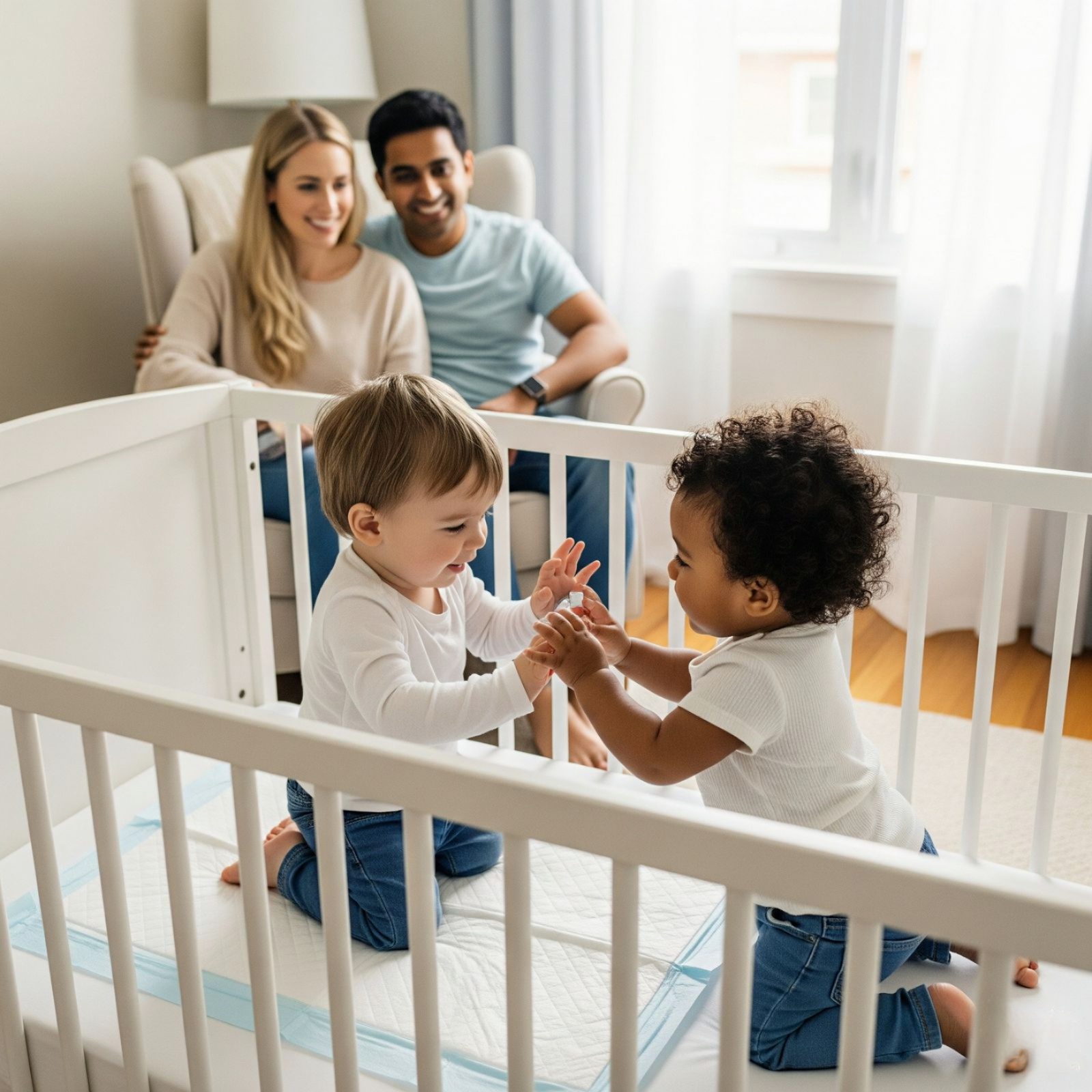 Parents with toddlers in a nursery crib