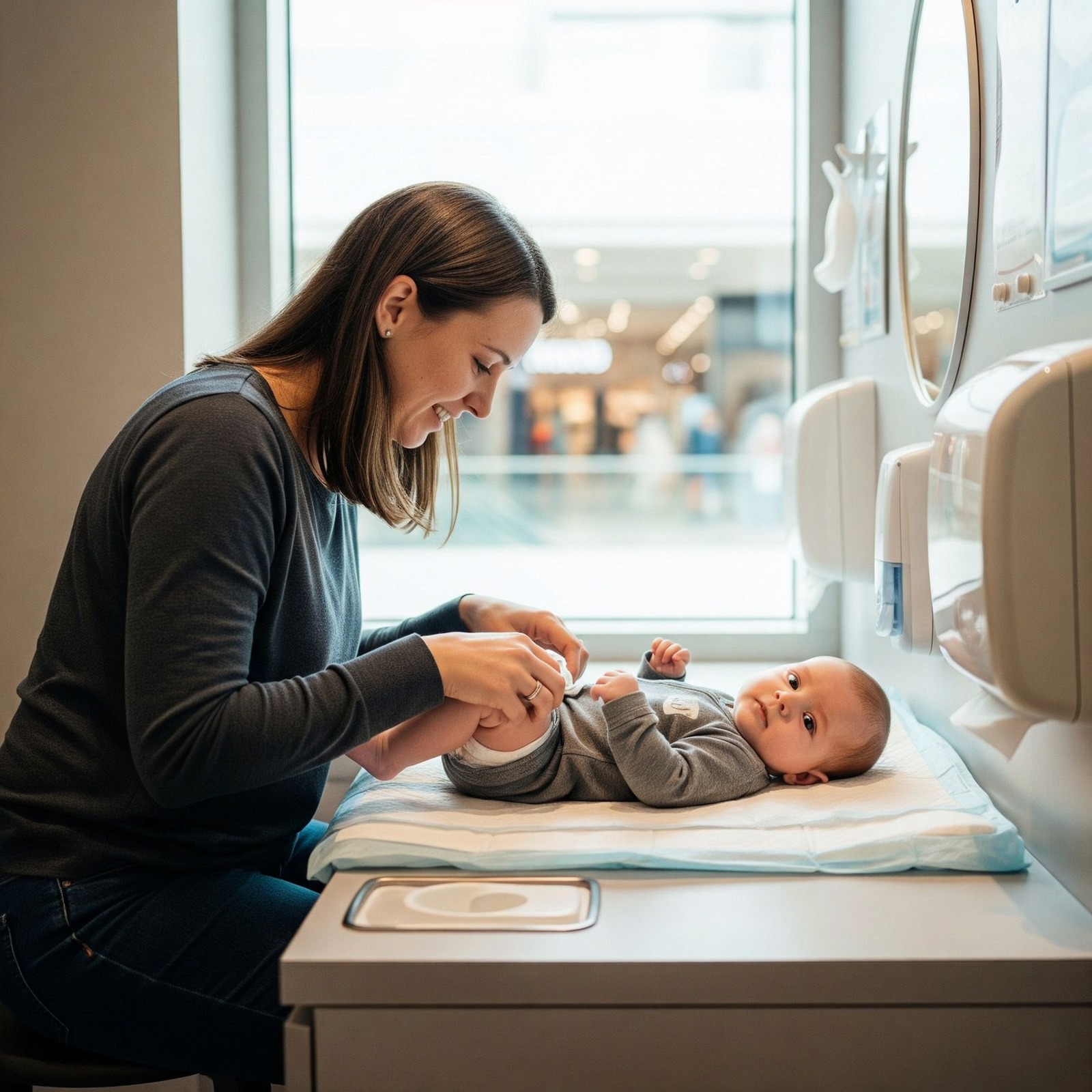 Mother changing baby at a baby care station