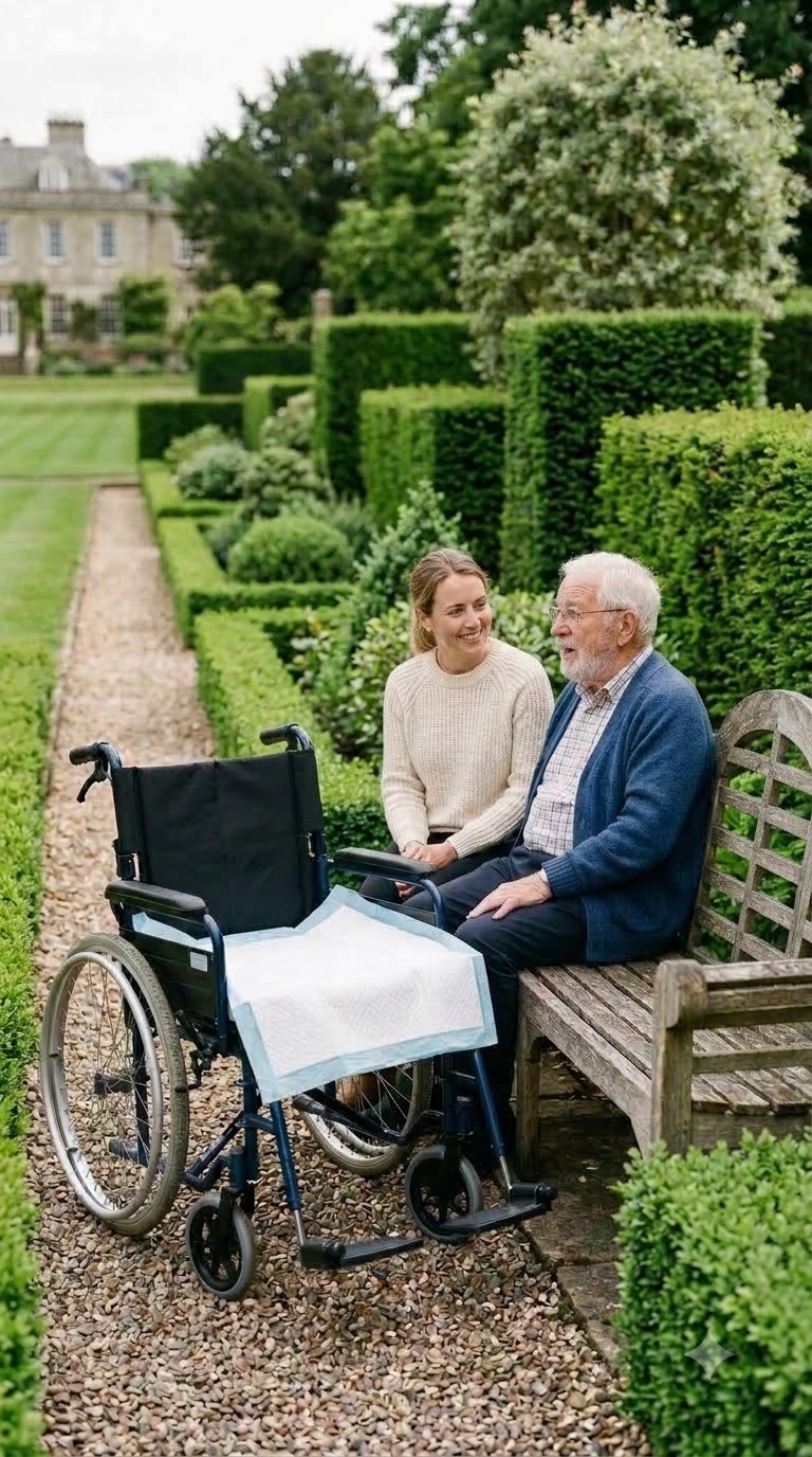 Elderly man with a caregiver, XtraCare underpad on his wheelchair