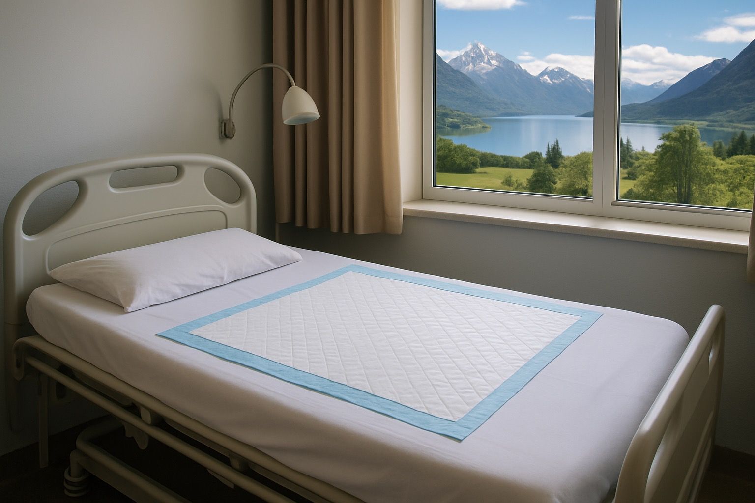Hospital bed with an XtraCare underpad and a scenic mountain view