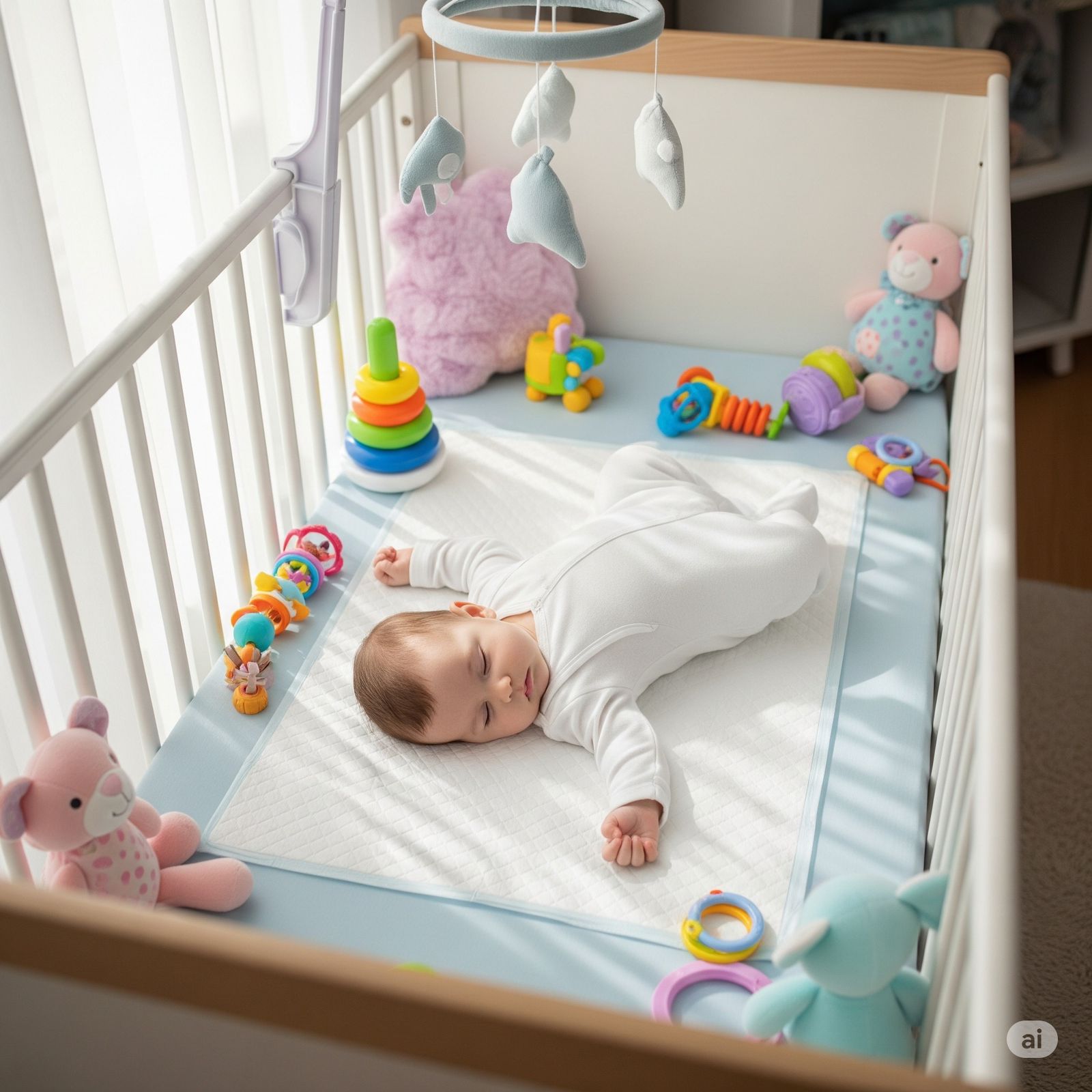 Sleeping baby on an XtraCare underpad in a nursery crib
