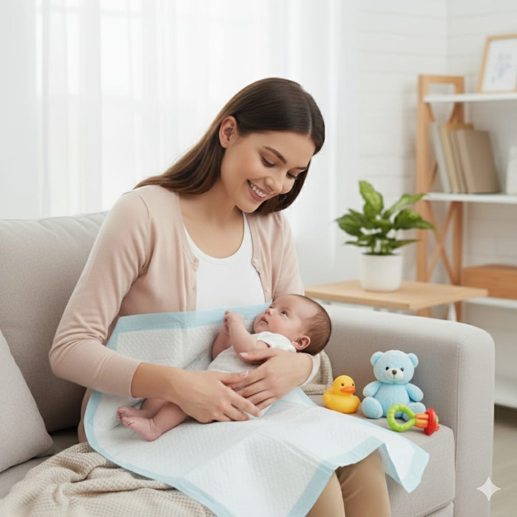 Mother holding a newborn wrapped on an XtraCare underpad
