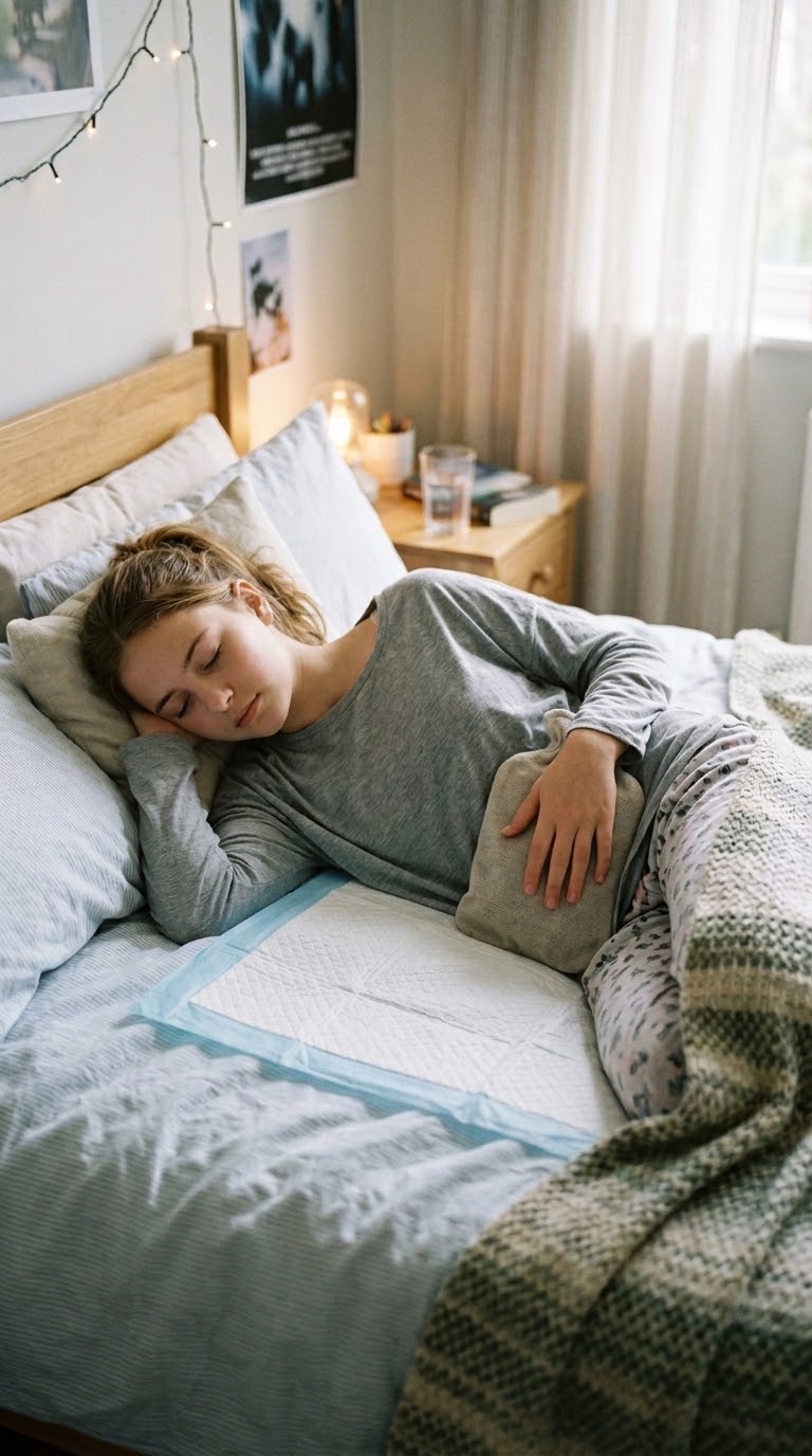 Young woman resting comfortably in bed on an XtraCare underpad