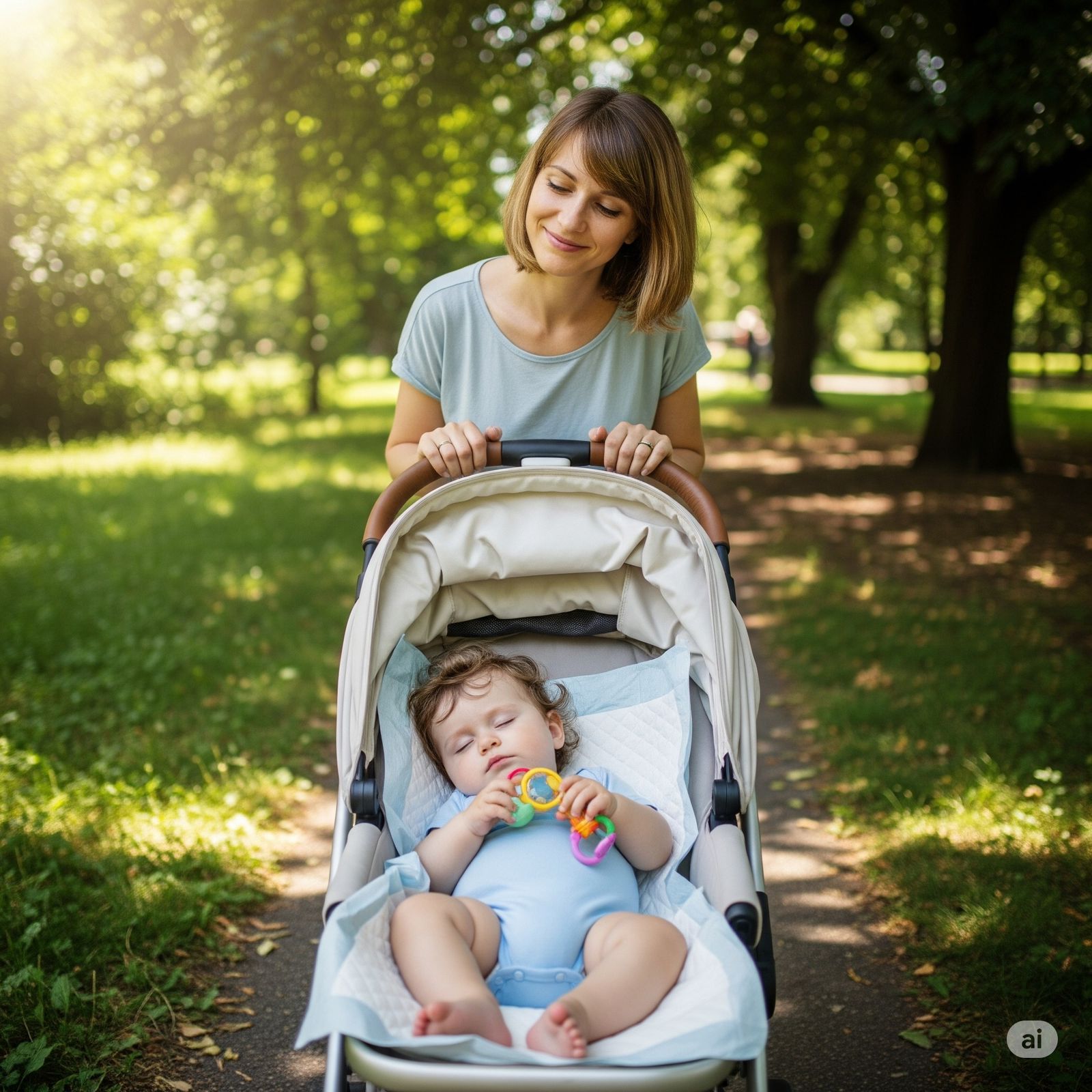 Mother with sleeping baby in a stroller on an XtraCare underpad